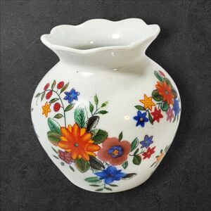 Vintage Bridgeford Floral Porcelain Vase Bright Multicolor Flowers Scalloped